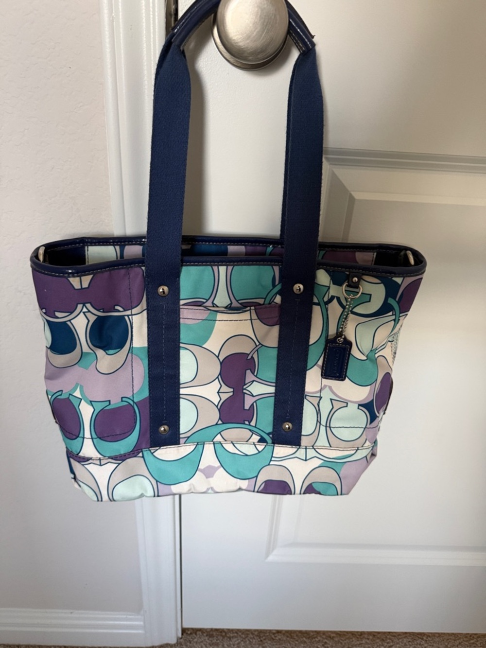 Coach Signature Print Tote with Crossbody Bag in Navy and Teal